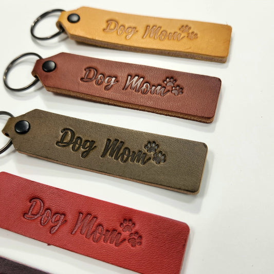 "Dog Mom" Script Leather Keychain