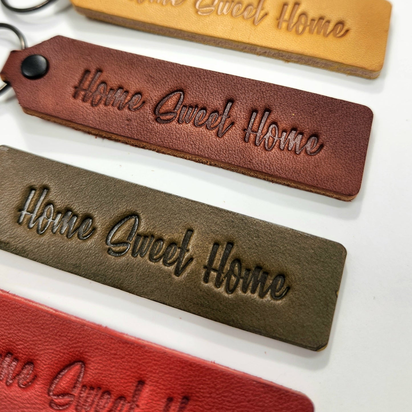 "Home Sweet Home" Script Leather Keychain